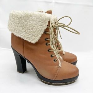 Kelsi Dagger Ricci Leather Faux Fur Tan Heeled Boots Size 8.5